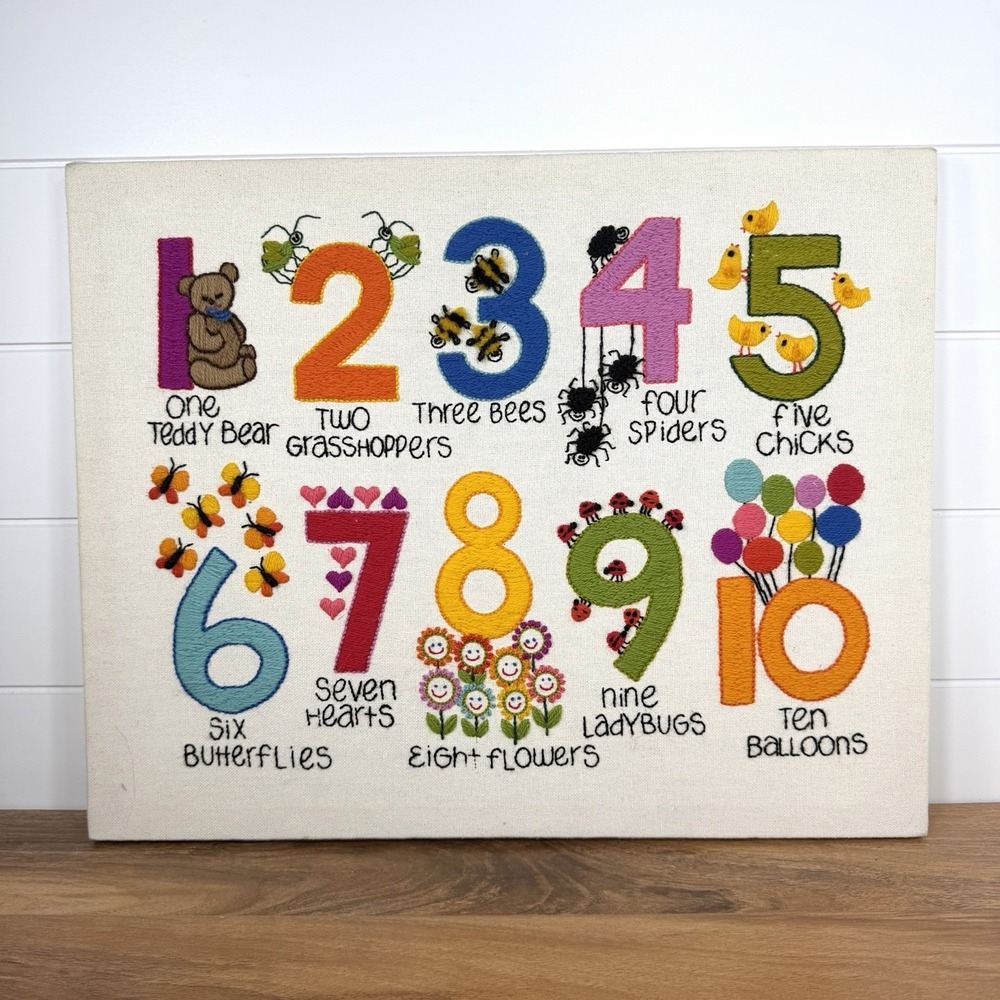 Vintage Handmade Nursery Classroom Crosssitch Picture Numbers Colorful *Flaws*